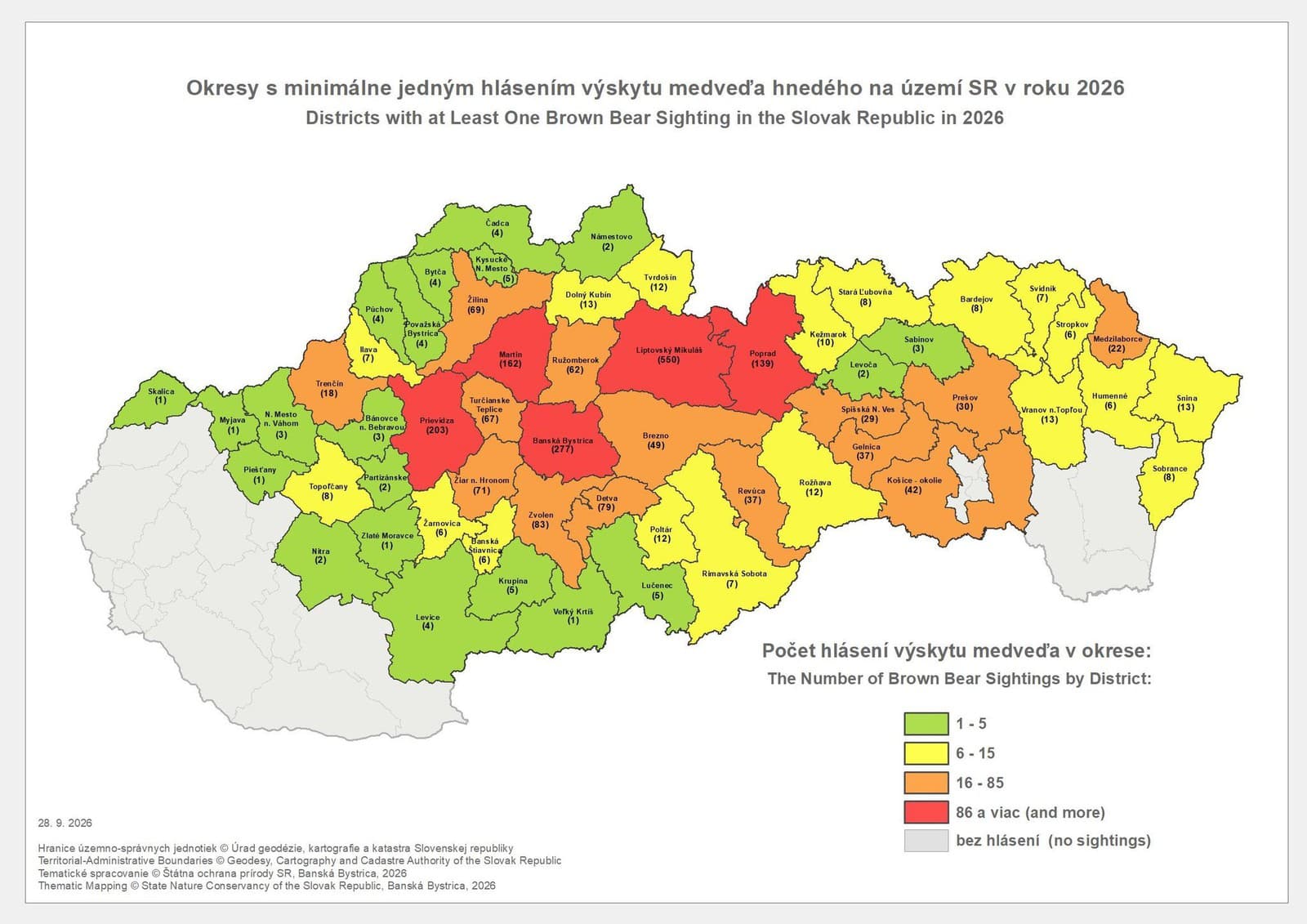 Výskyt medveďa hnedého na Slovensku podľa okresov