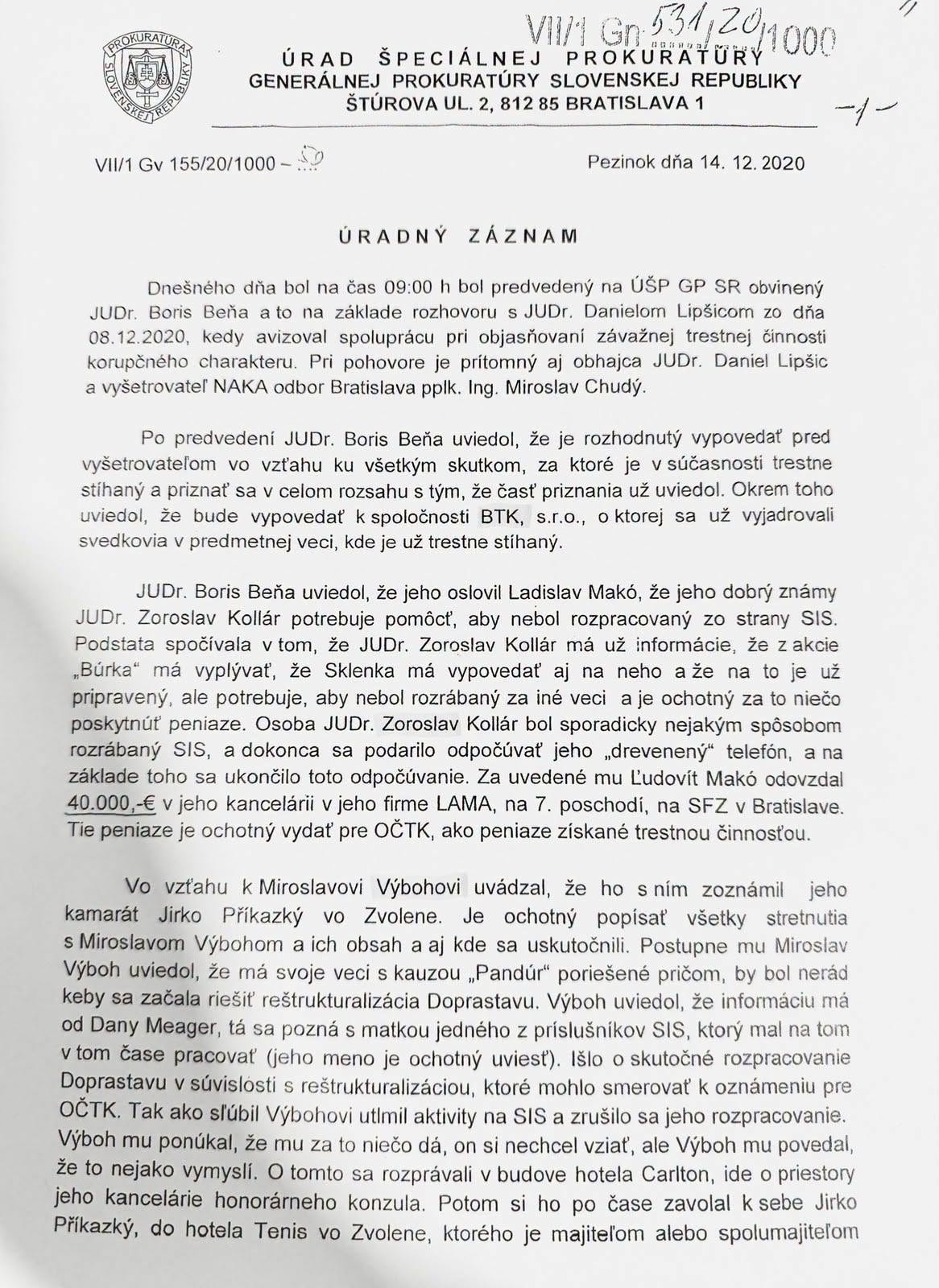 Na snímke Úradný záznam, 1. strana