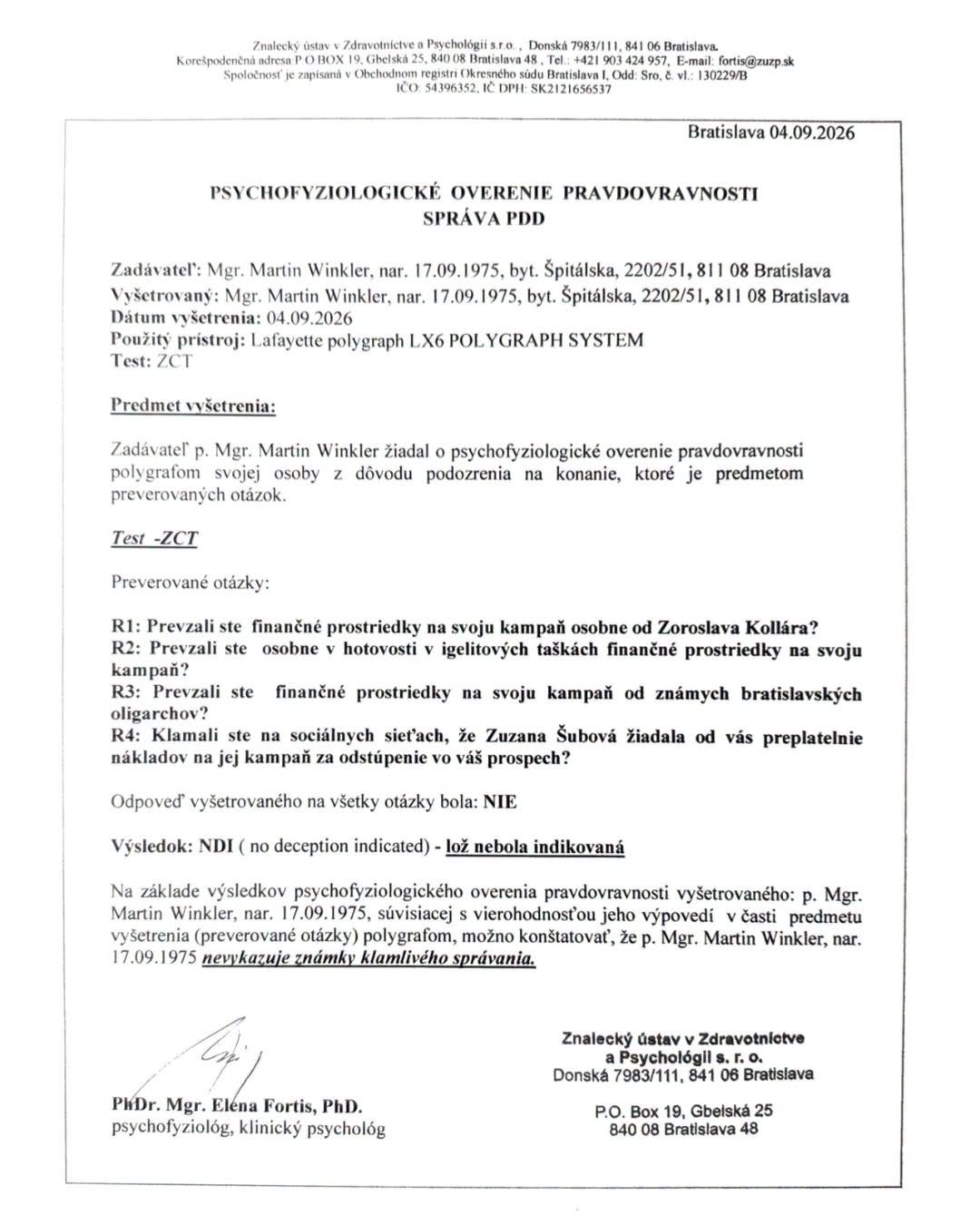 Na snímke výsledok vyšetrenia na polygrafe, ktoré absolvoval Martin Winkler