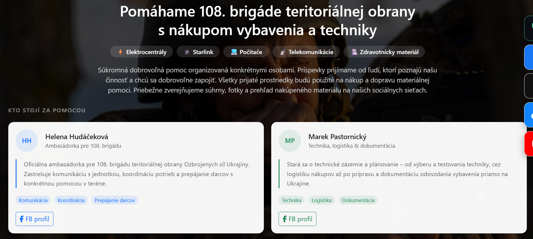 Na snímke informácie o organizátoroch pomoci pre 108. ukrajinskú brigádu
