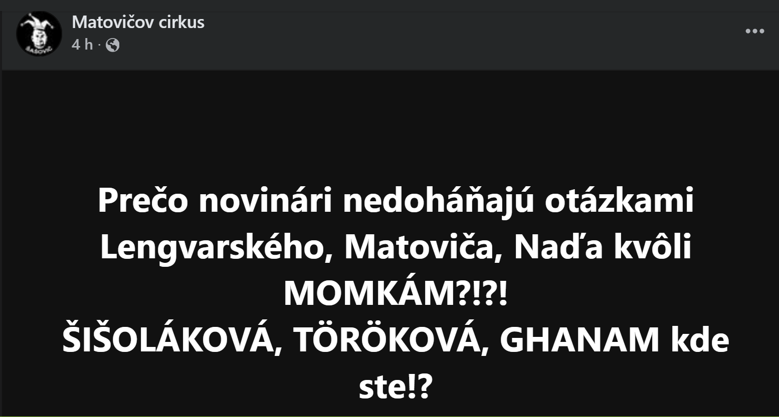 Facebooková stránka Matovičov cirkus má ku kauze MOM-iek inú otázku
