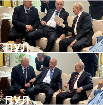 Na snímke V. Putin, R. T. Erdogan a A. Lukašenko