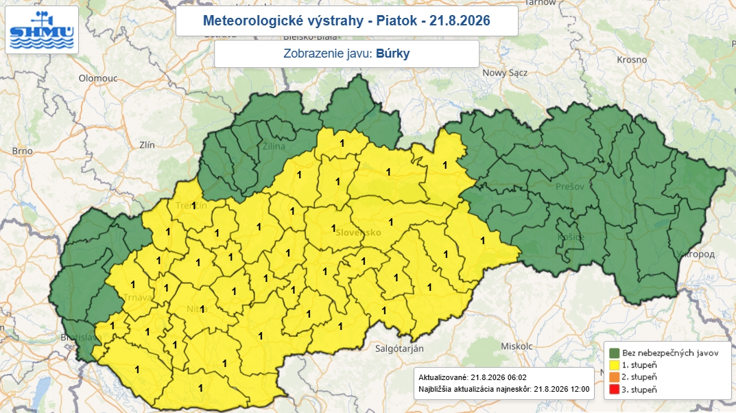 Výstrahy pred búrkami vydal SHMÚ aj na piatok, 21. august