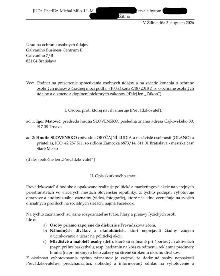 Podnet na úrad na ochranu osobných údajov